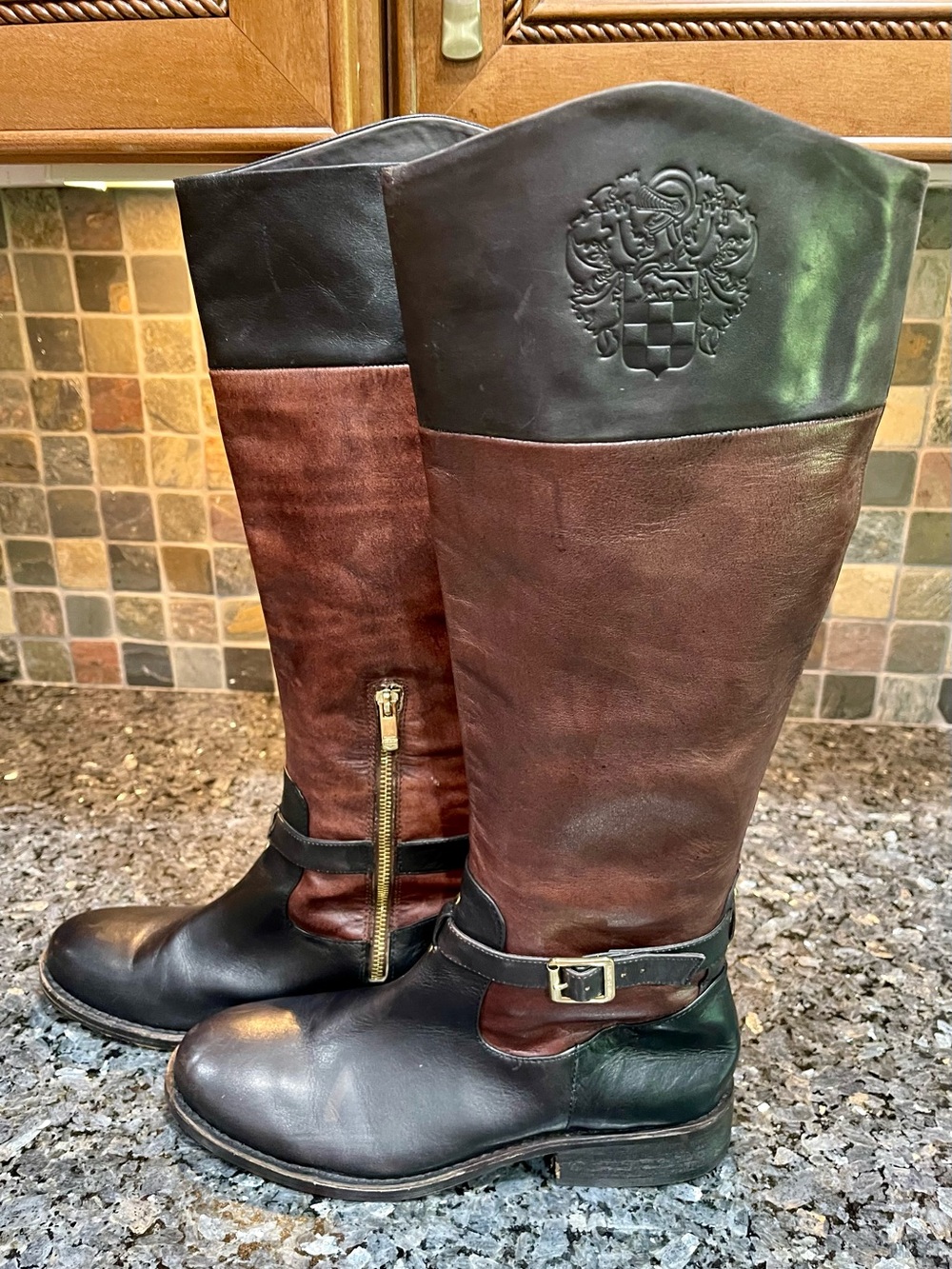 Vince Camuto Flavian Riding Boots Black and Brown Crest Two-Tone 10 - Picture 3 of 16